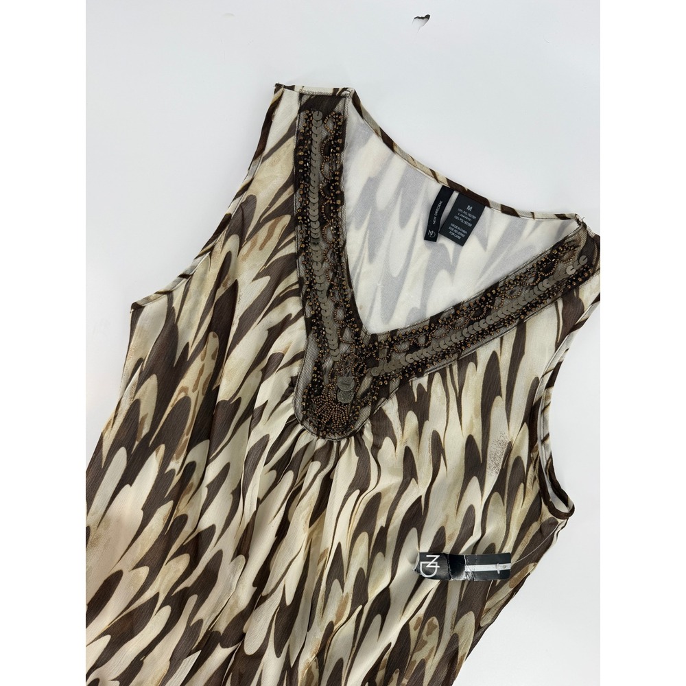 Larry Levine Y2K M Boho Brown Flowy Beaded V-Neck‎ Sleeveless Ruffle Blouse